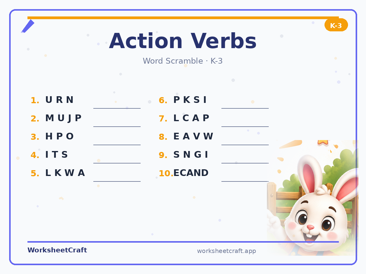 Free printable action verbs Word Scramble worksheet PDF for Grades K–3