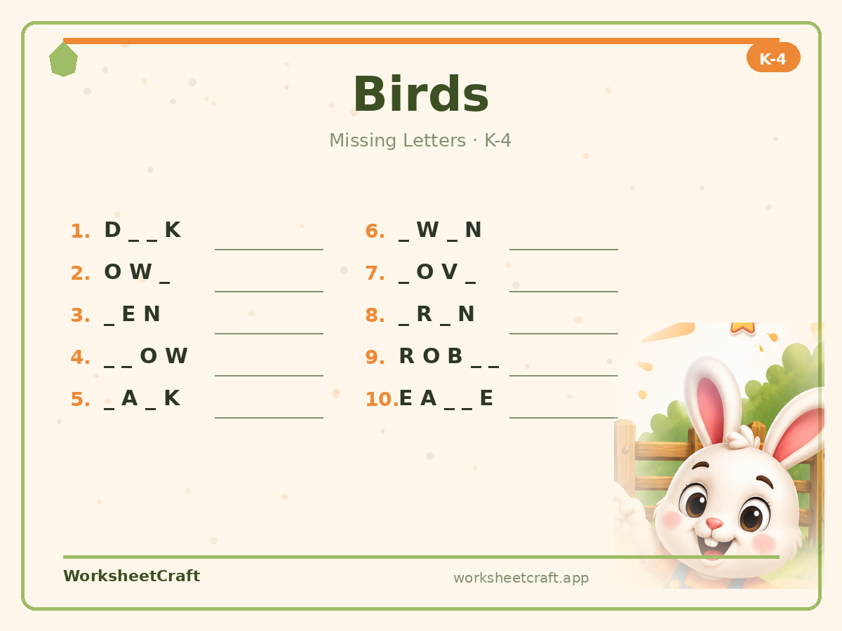 Free printable birds Missing Letters worksheet PDF for Grades K–4