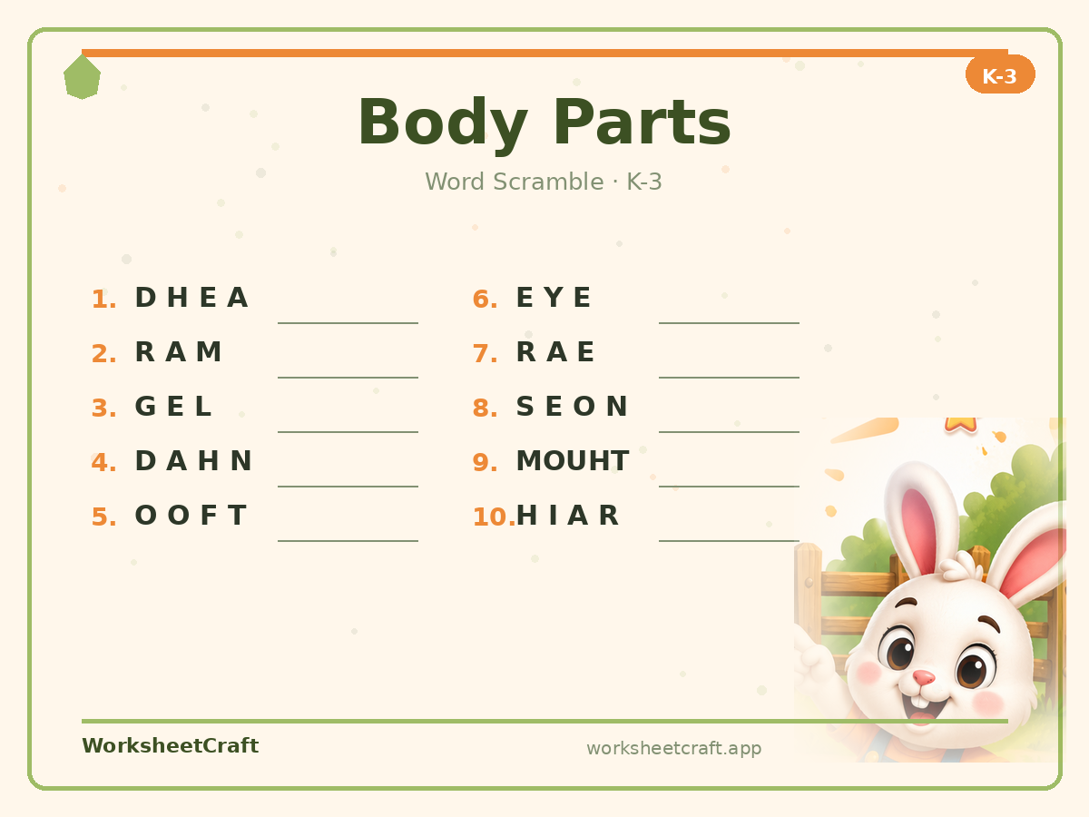 Free printable body parts Word Scramble worksheet PDF for Grades K–3