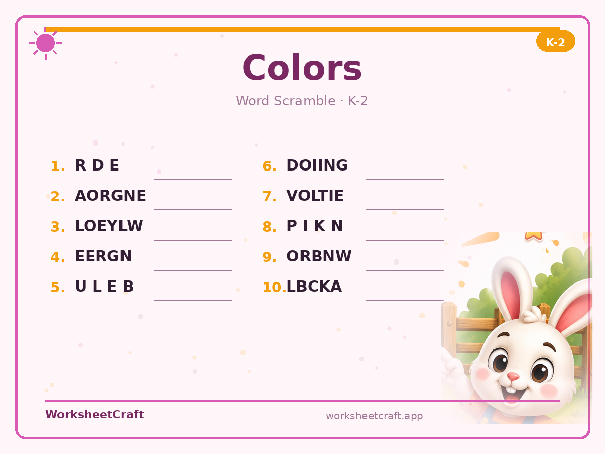 Free printable colors Word Scramble worksheet PDF for Grades K–2