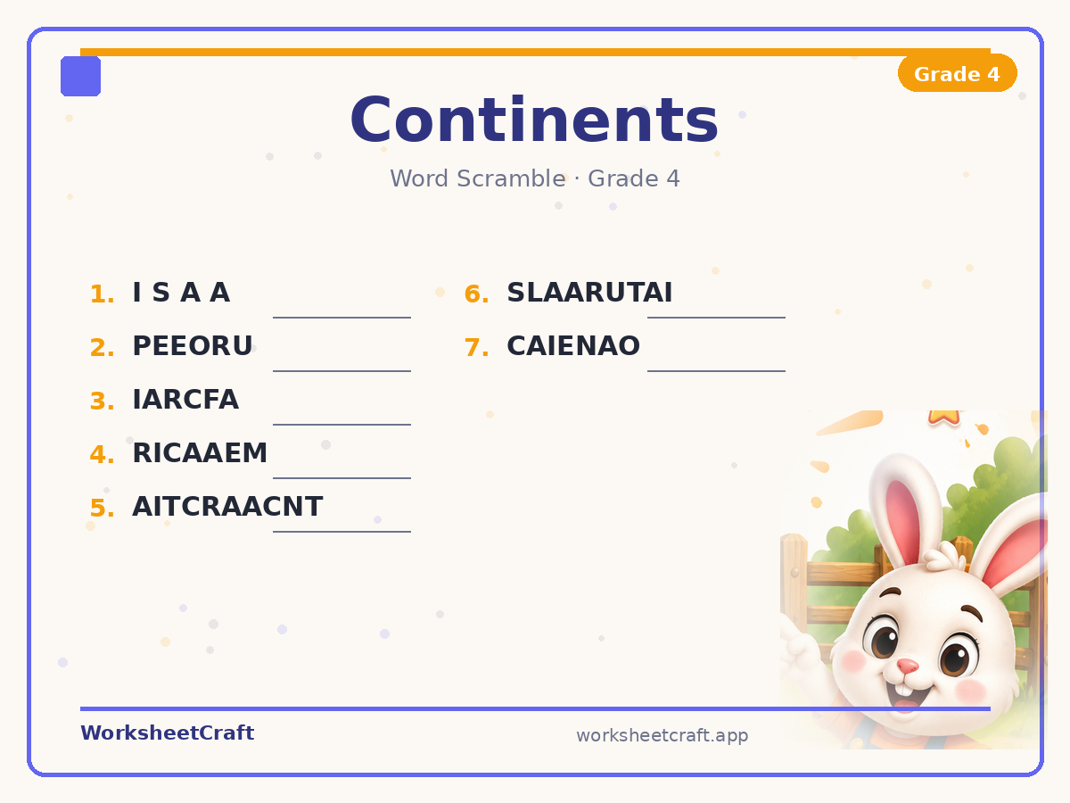 Free printable continents Word Scramble worksheet PDF for Grade 4