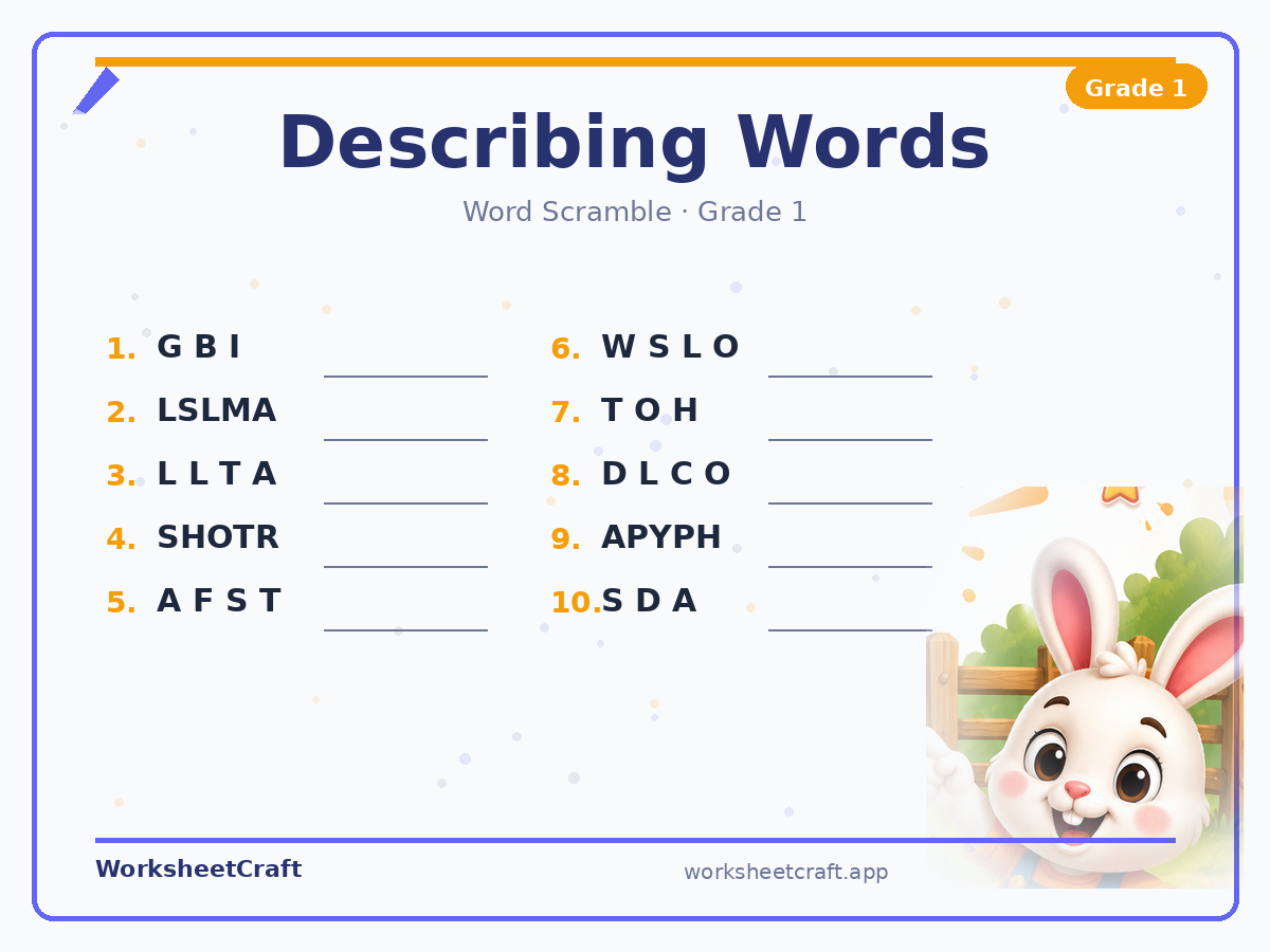 Free printable describing words Word Scramble worksheet PDF for Grade 1