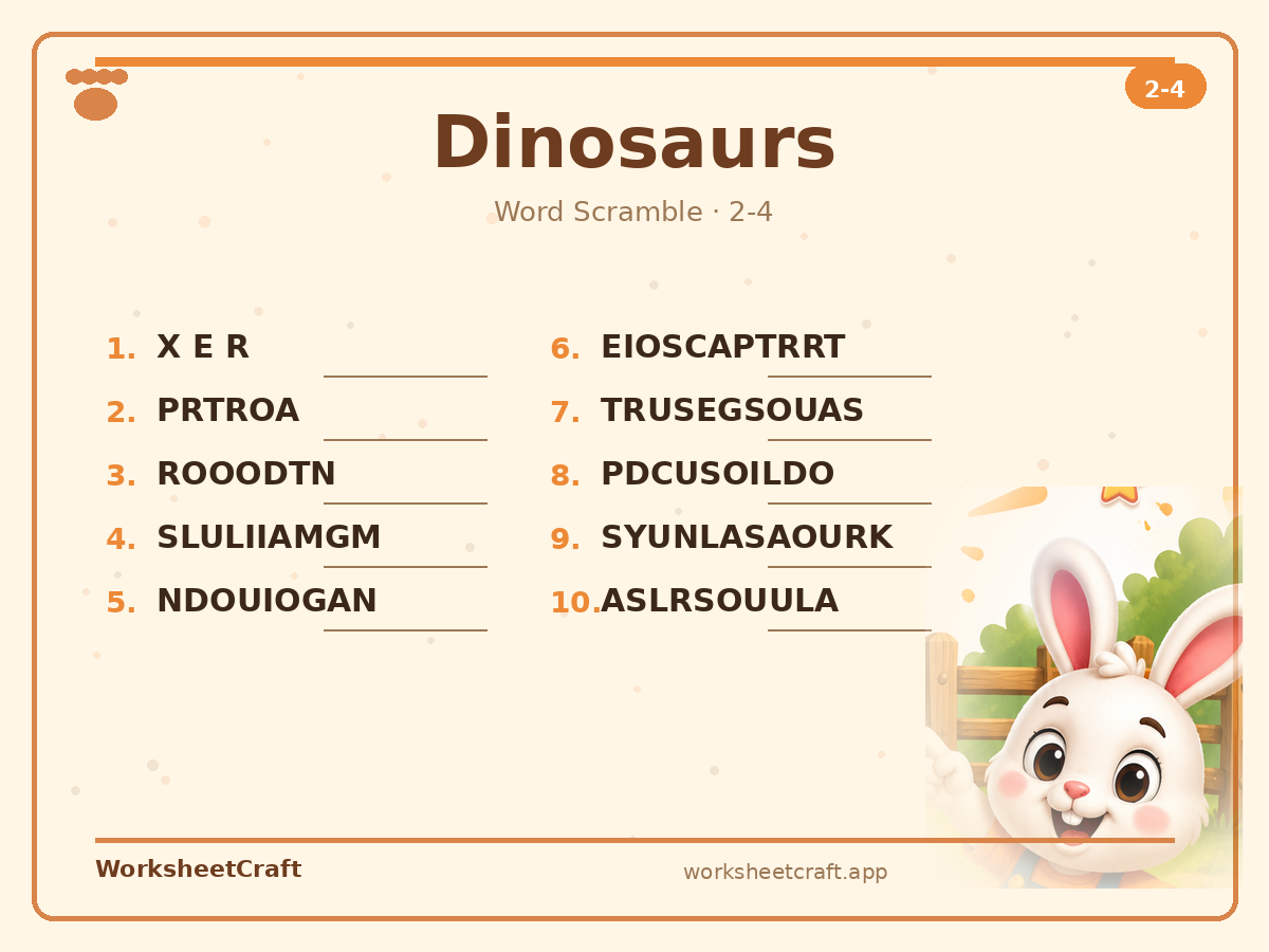 Free printable dinosaurs Word Scramble worksheet PDF for Grades 2–4