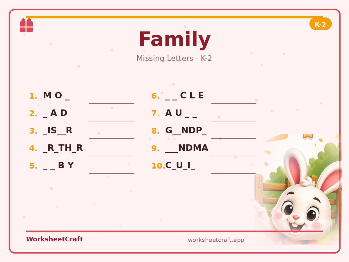 Free printable family Missing Letters worksheet PDF for Grades K–2