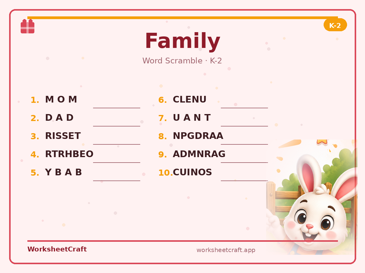 Free printable family Word Scramble worksheet PDF for Grades K–2