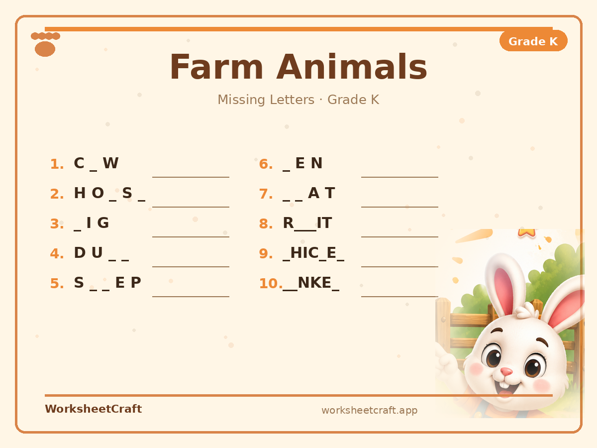 Free printable farm animals Missing Letters worksheet PDF for Grade K