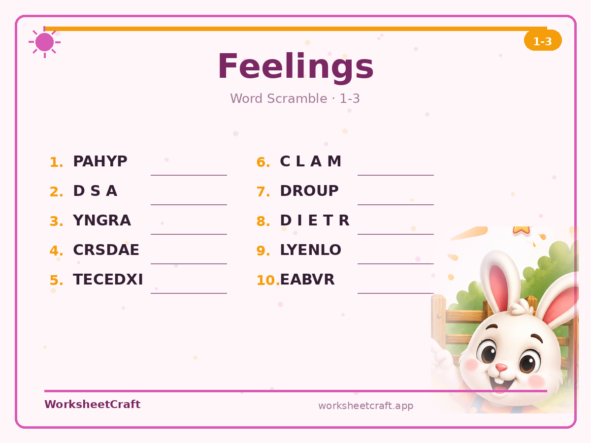 Free printable feelings Word Scramble worksheet PDF for Grades 1–3