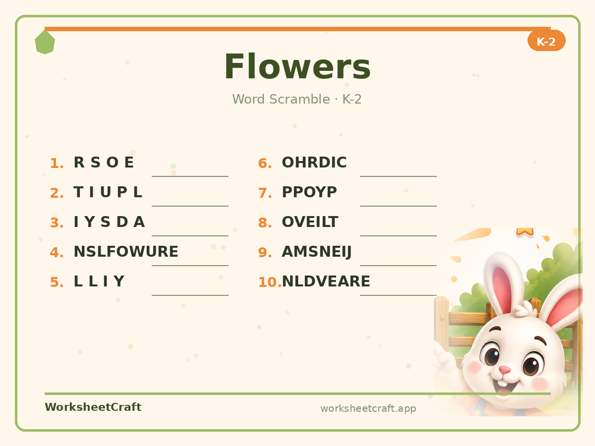 Free printable flowers Word Scramble worksheet PDF for Grades K–2