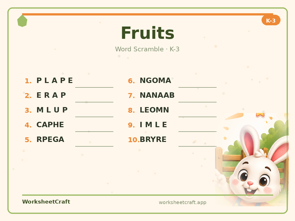 Free printable fruits Word Scramble worksheet PDF for Grades K–3