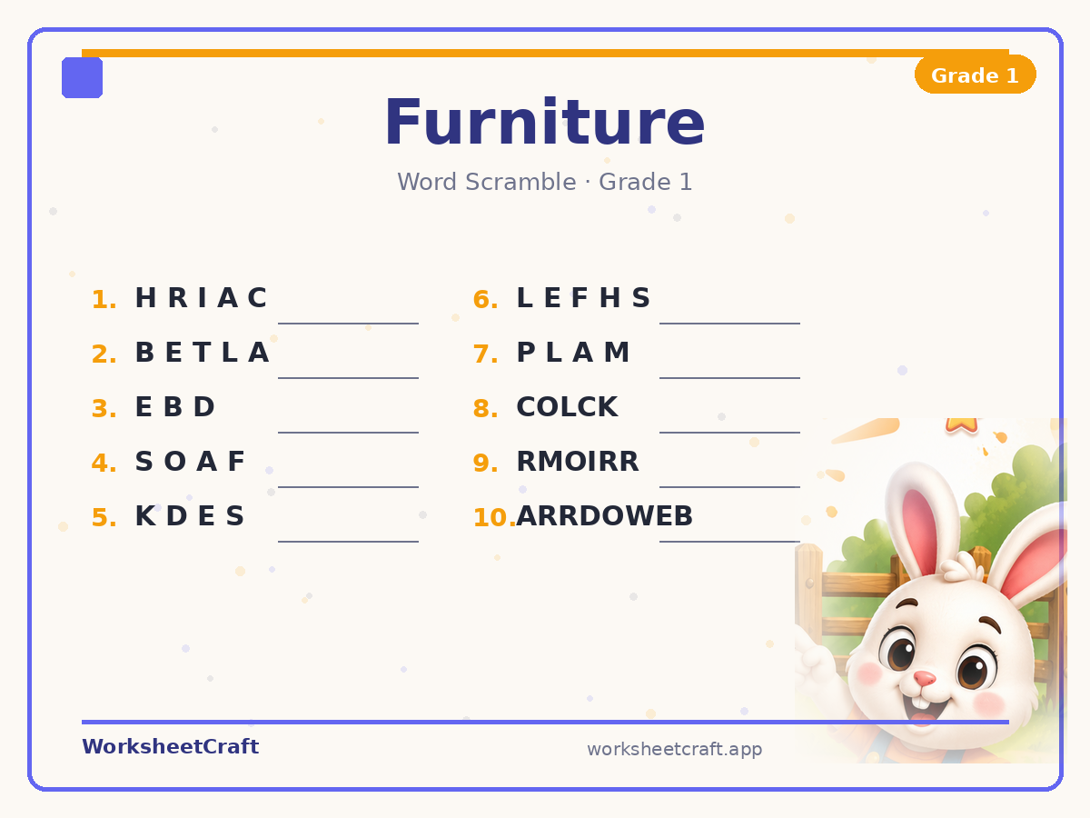 Free printable furniture Word Scramble worksheet PDF for Grade 1