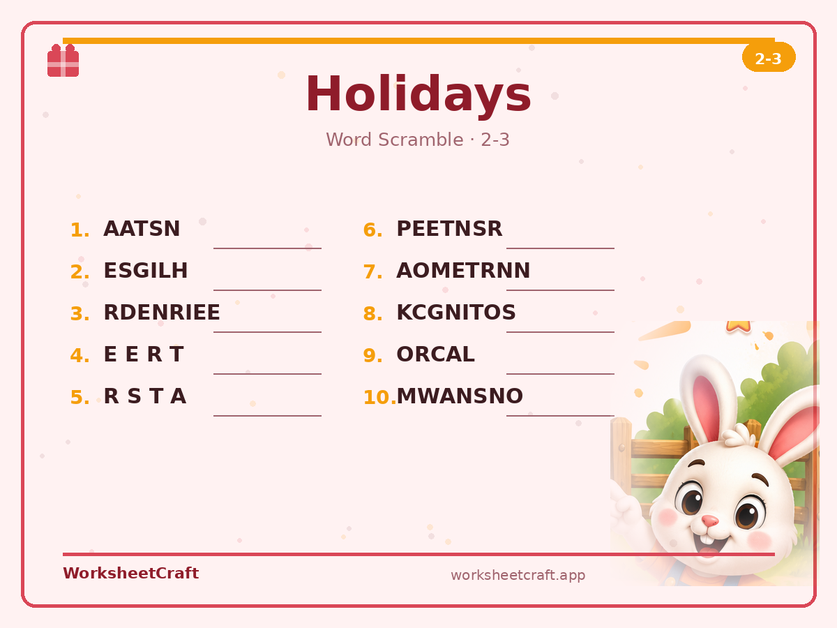 Free printable holidays Word Scramble worksheet PDF for Grades 2–3
