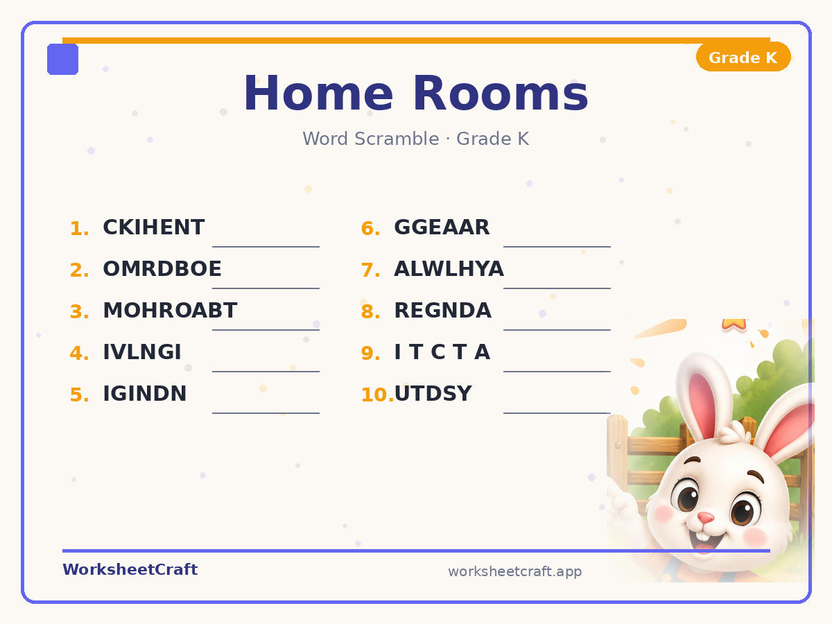Free printable home rooms Word Scramble worksheet PDF for Grade K
