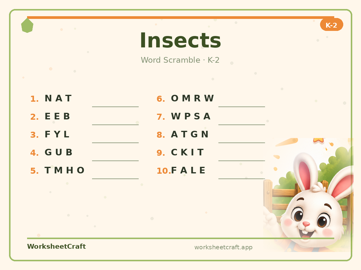 Free printable insects Word Scramble worksheet PDF for Grades K–2