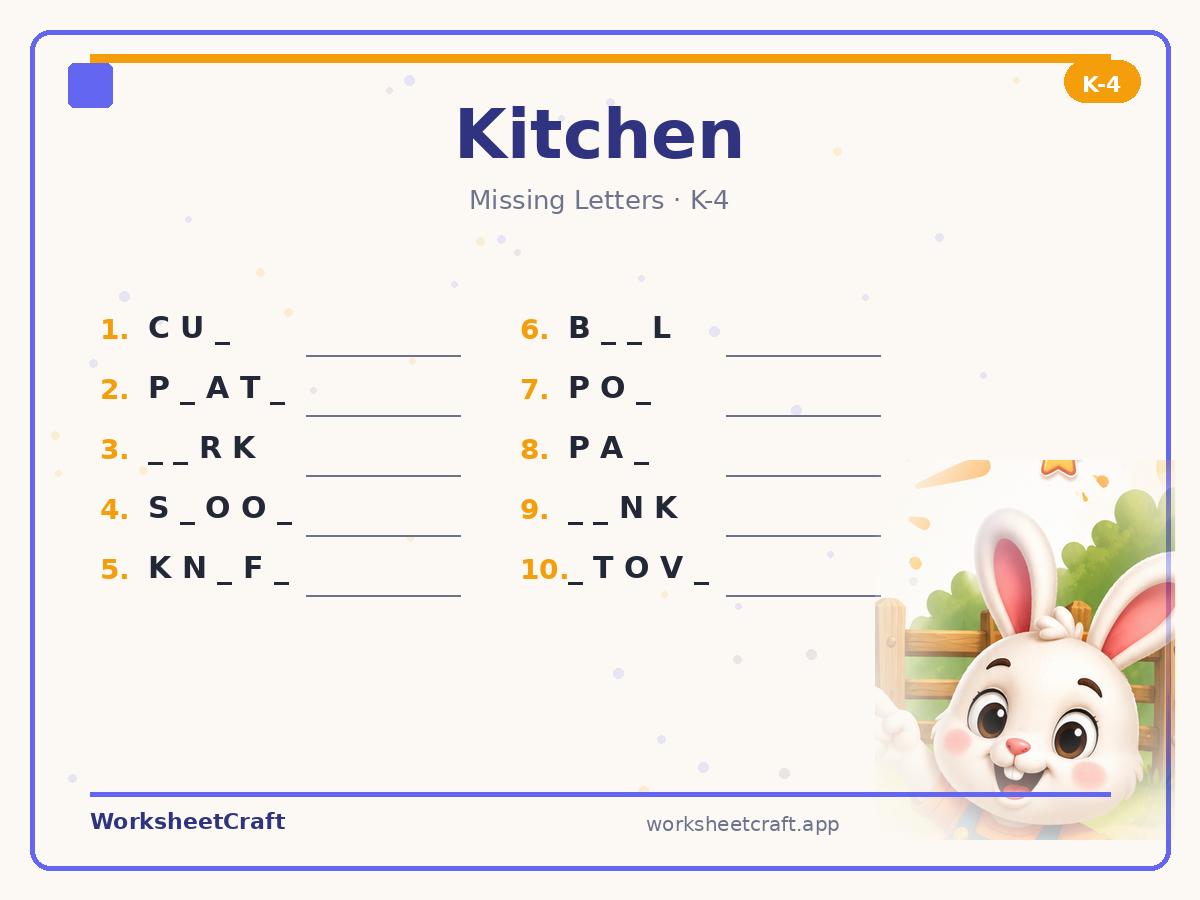 Free printable kitchen Missing Letters worksheet PDF for Grades K–4