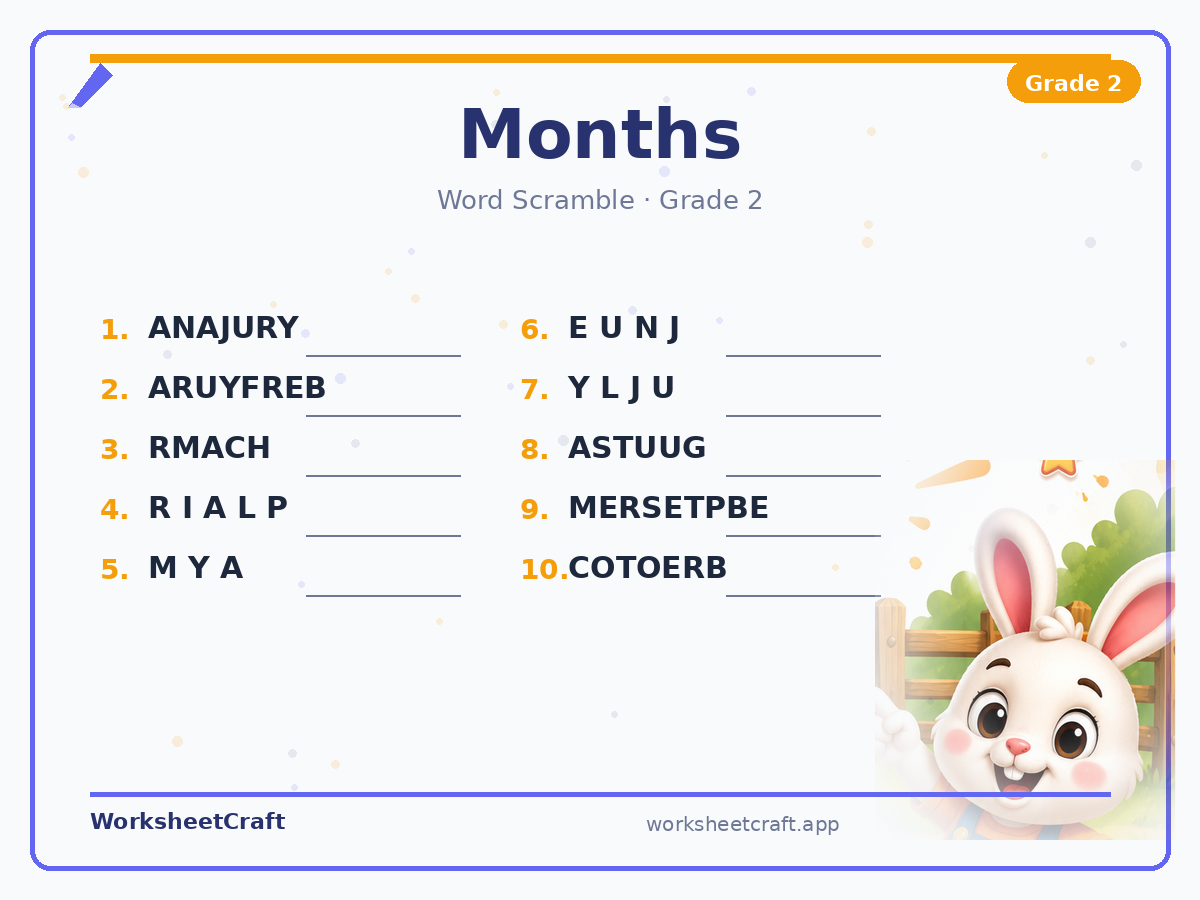 Free printable months Word Scramble worksheet PDF for Grade 2