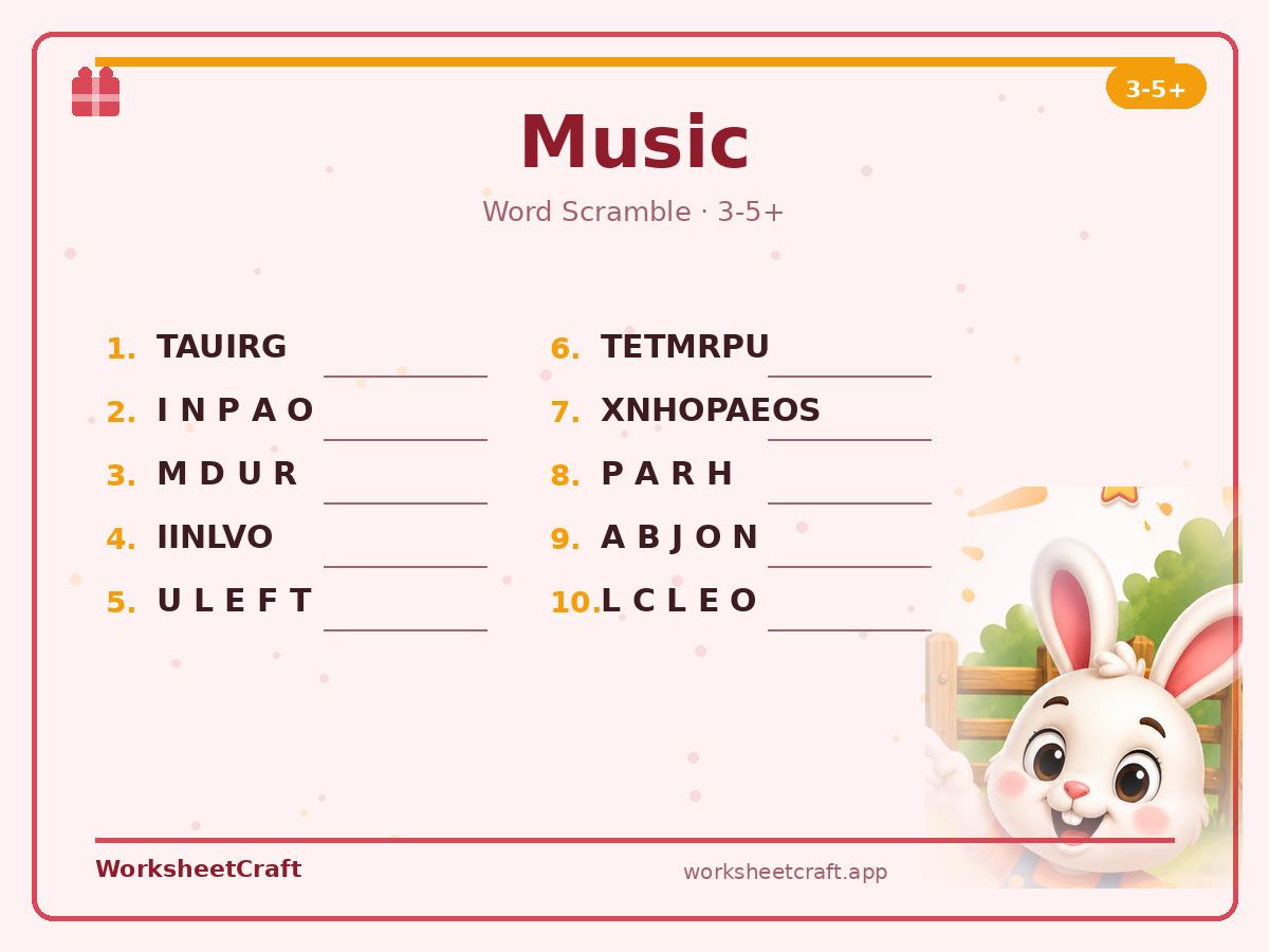 Free printable music Word Scramble worksheet PDF for Grades 3–5+