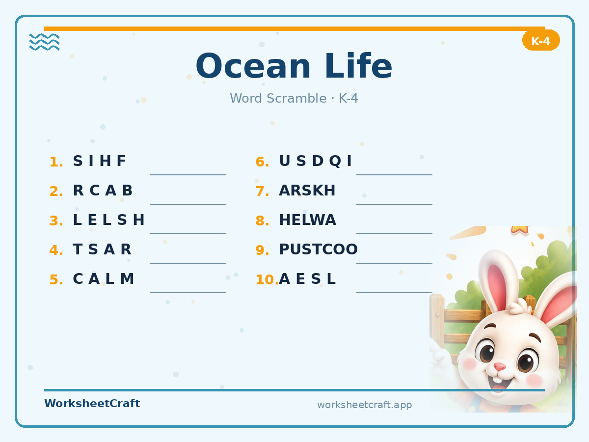 Free printable ocean life Word Scramble worksheet PDF for Grades K–4