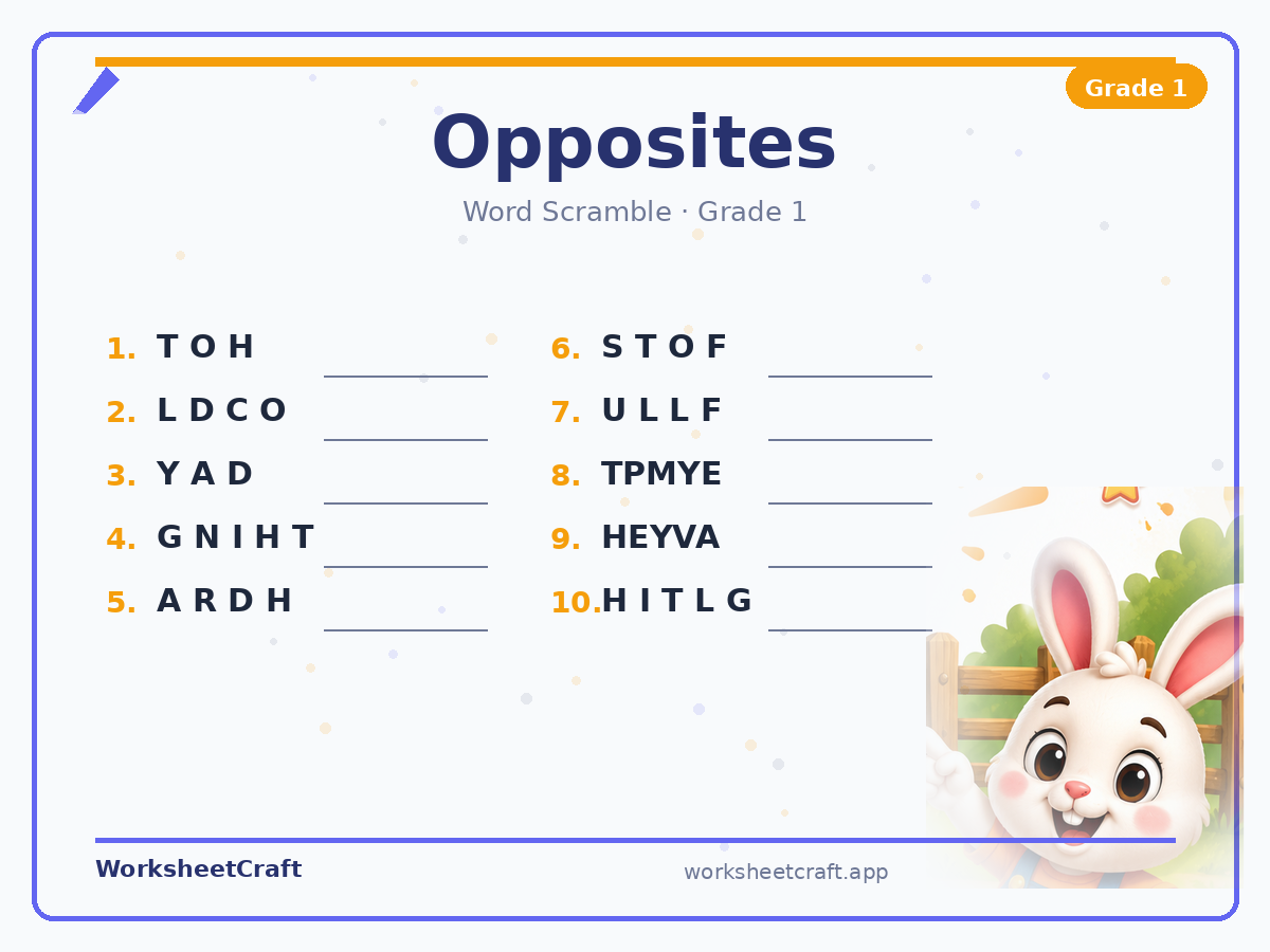 Free printable opposites Word Scramble worksheet PDF for Grade 1