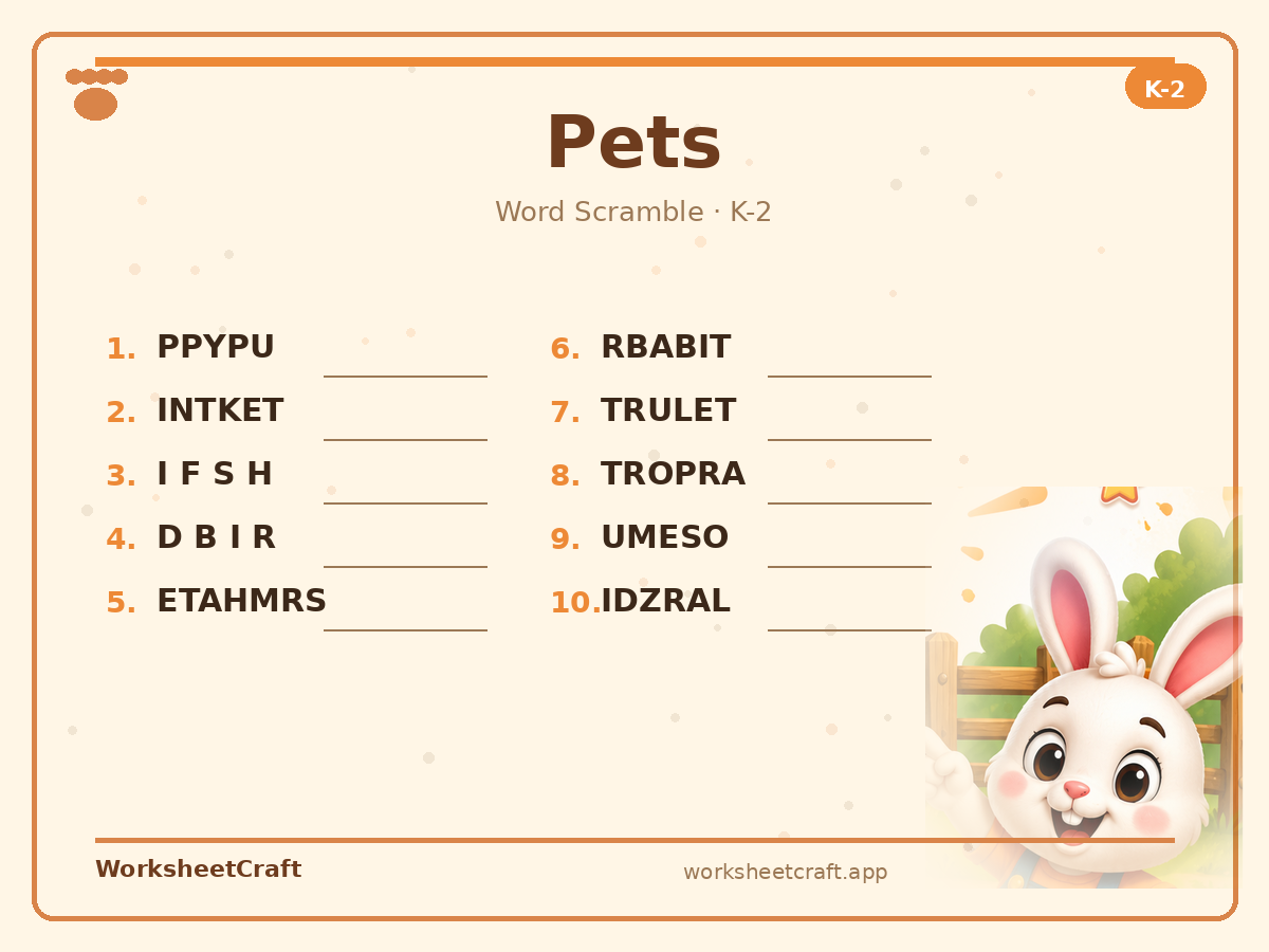 Free printable pets Word Scramble worksheet PDF for Grades K–2