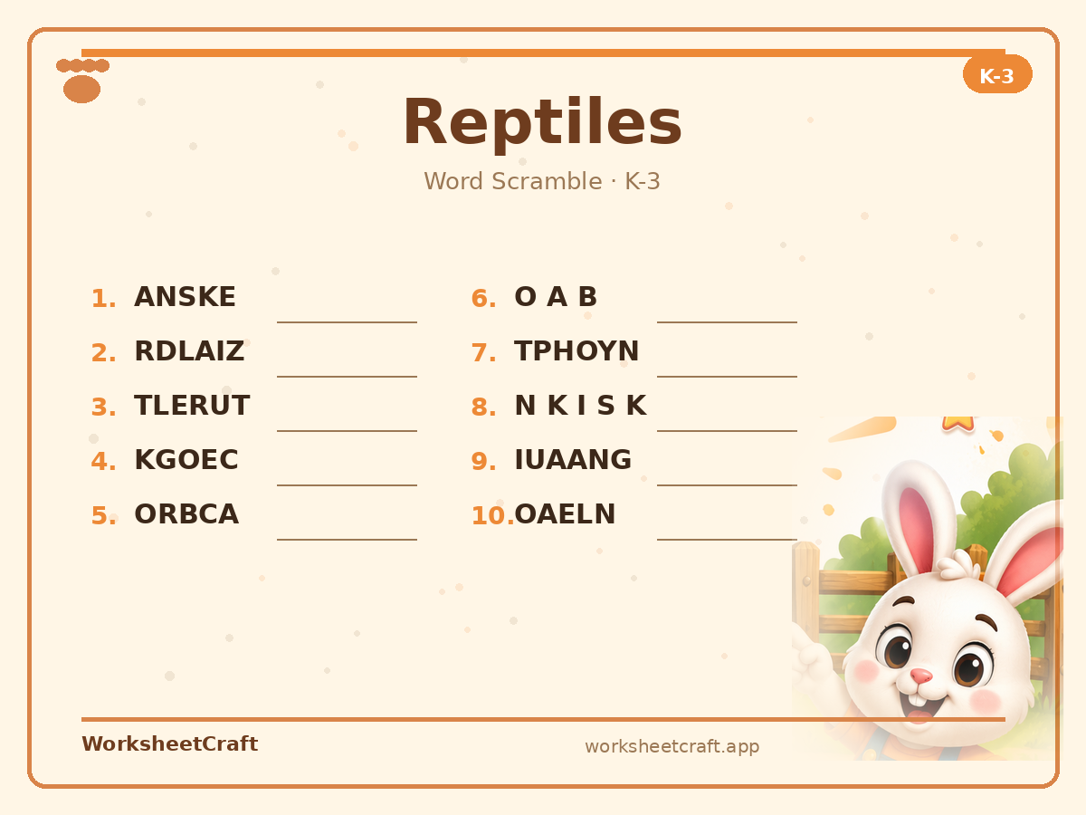 Free printable reptiles Word Scramble worksheet PDF for Grades K–3