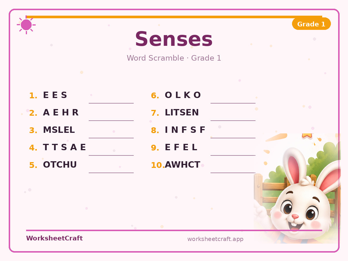 Free printable senses Word Scramble worksheet PDF for Grade 1