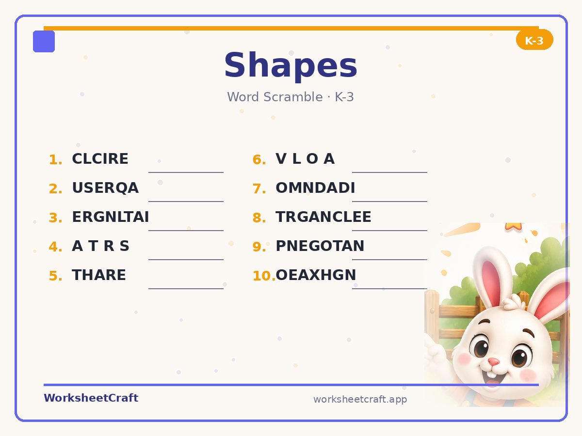 Free printable shapes Word Scramble worksheet PDF for Grades K–3