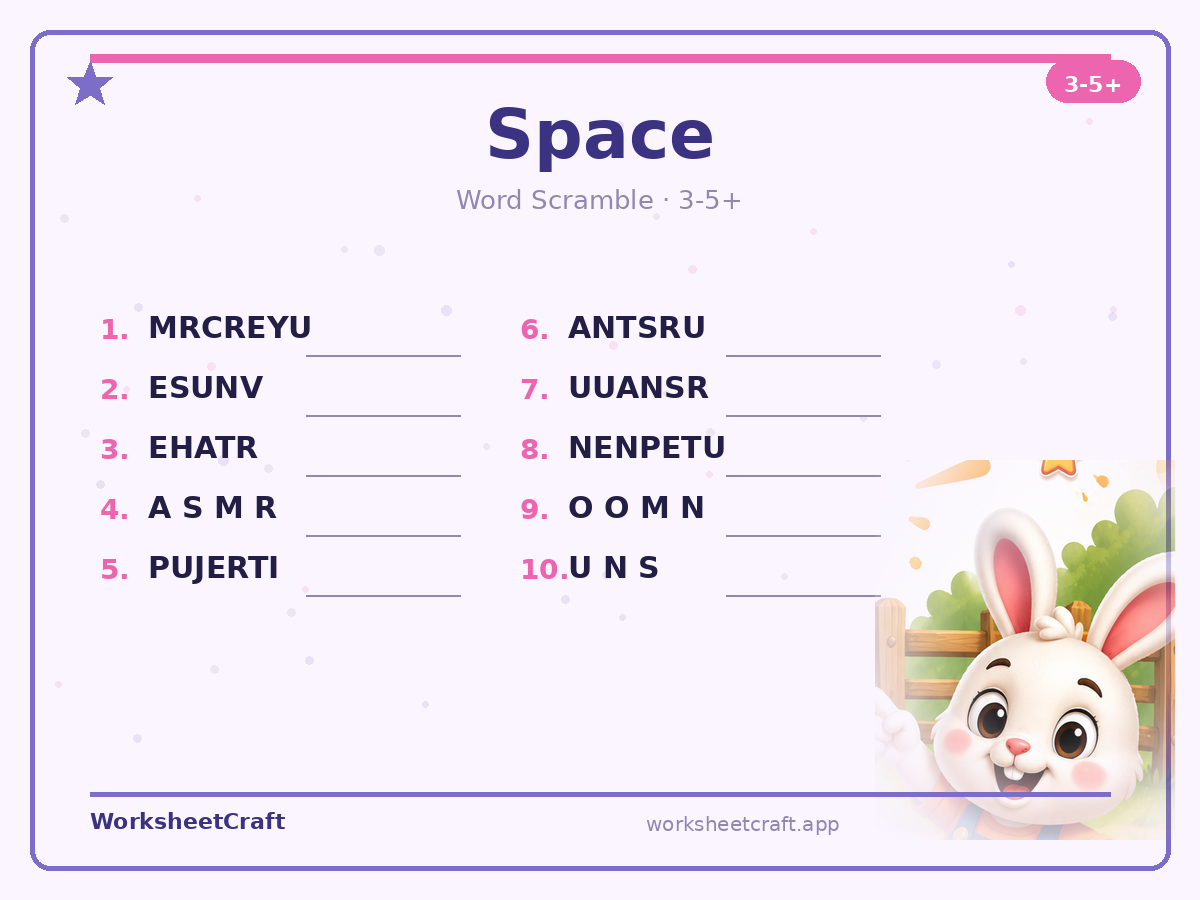 Free printable space Word Scramble worksheet PDF for Grades 3–5+