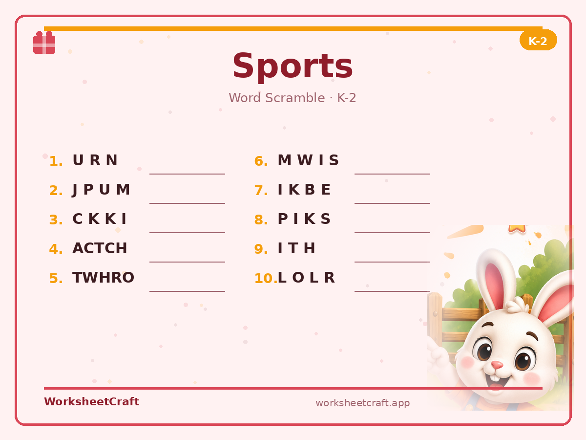 Free printable sports Word Scramble worksheet PDF for Grades K–2