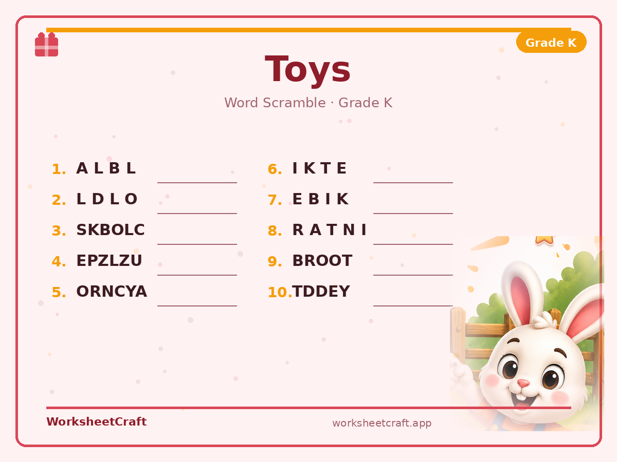 Free printable toys Word Scramble worksheet PDF for Grade K