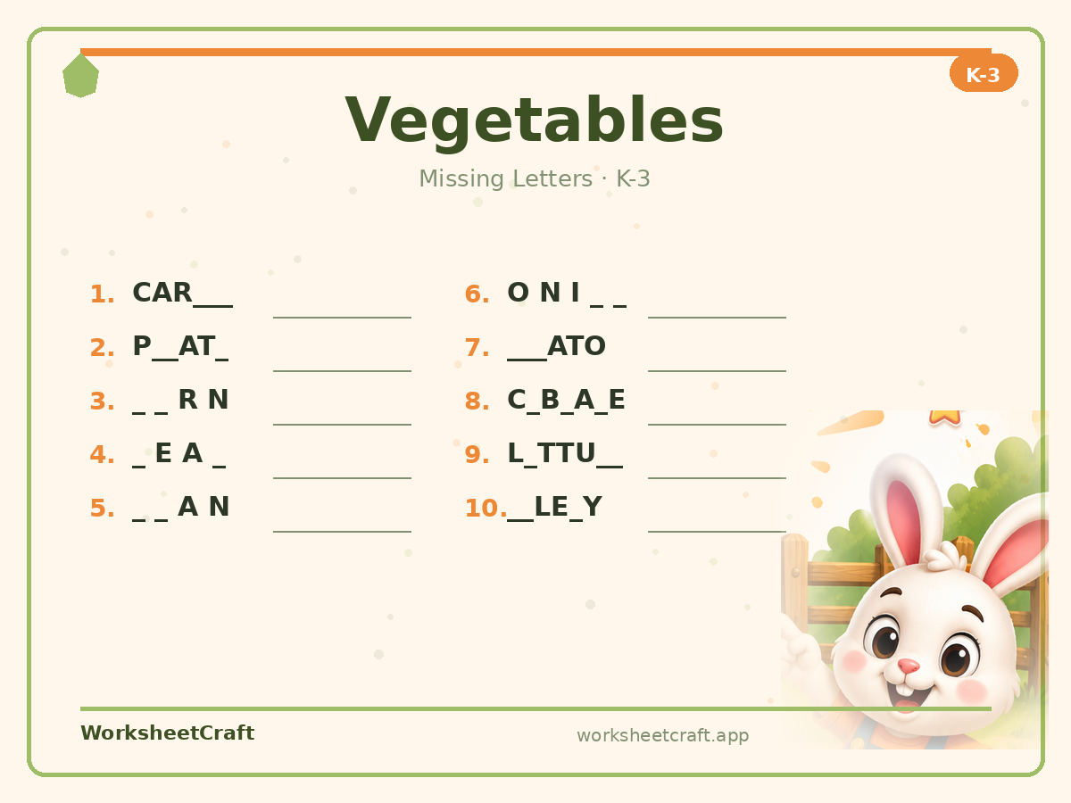 Free printable vegetables Missing Letters worksheet PDF for Grades K–3