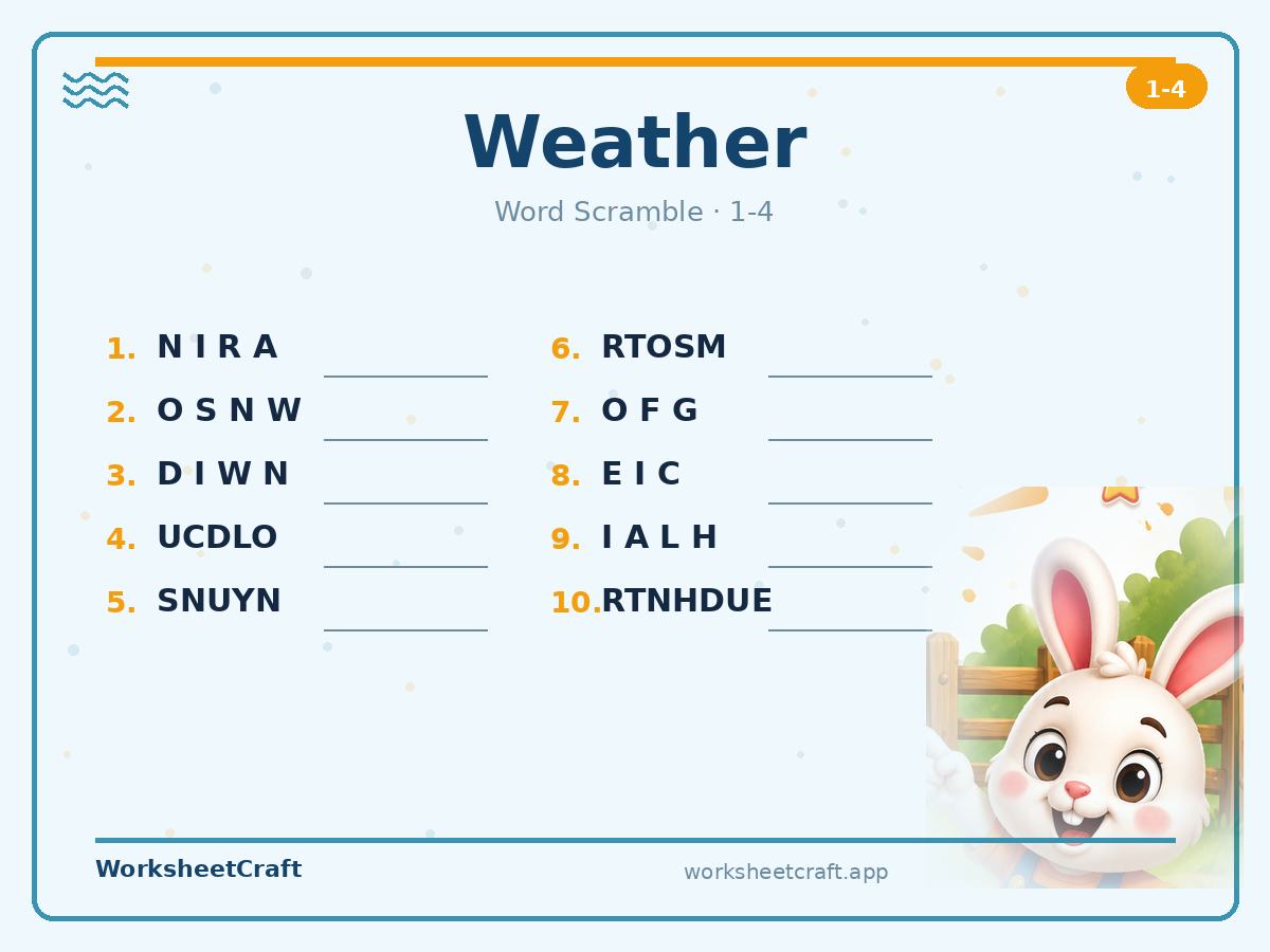 Free printable weather Word Scramble worksheet PDF for Grades 1–4