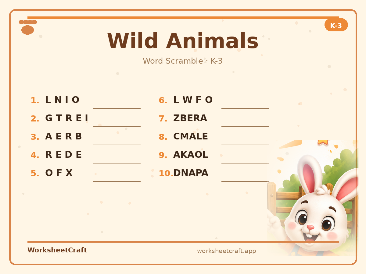 Free printable wild animals Word Scramble worksheet PDF for Grades K–3
